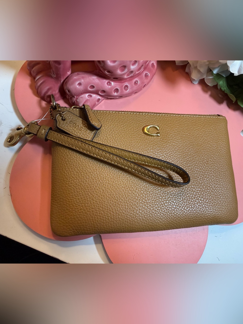Coach Pebbled Leather Wristlet in Tan with Gold 'C'
